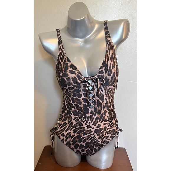 Bar III One Piece Swimsuit Sz Small Brown Leopard Print Lace Up Sides Womens NEW - Picture 3 of 9